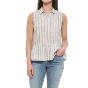 Tahari 100% linen striped peplum pop over blouse oatmeal color